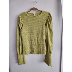 Anthropologie Smocked Puff-Sleeve Avocado Green Blouse Size XL NWT